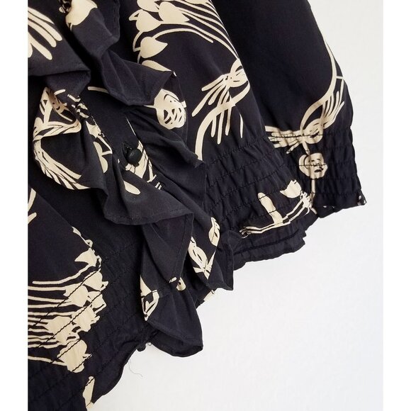 Joie Black Tan Beige Abstract Floral Ruffle 100% Silk Short Sleeve Blouse Top L - Picture 10 of 14